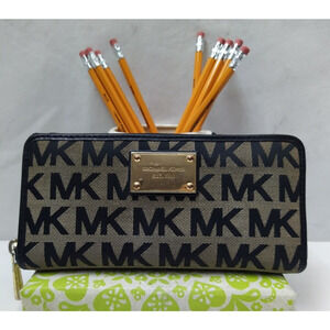 Michael Kors Black Canvas Leather Trim MK Printed Zip Around Credit Card Wallet